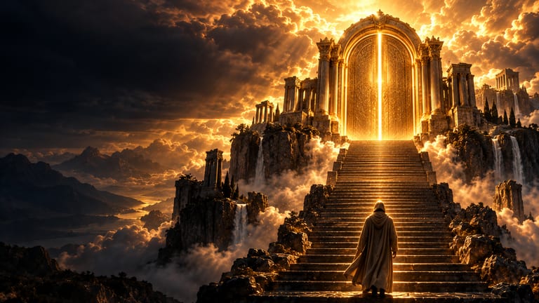 Una figura encapuchada que sube una escalera de piedra por encima de las nubes hacia un portal dorado luminoso